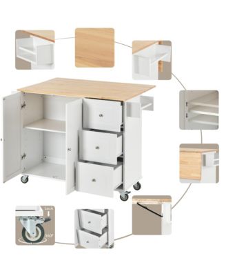 Rolling Kitchen Island with Solid Wood Top, Drop Leaf Bar, Locking Wheels, Storage Cabinet, Spice Rack, Towel Rack and Drawer, 52.7inch