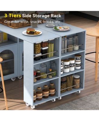 CASAINC Extendable 73.5” Tabletop MDF, Rubber Wood LED Lights, Power Outlets, Fluted Glass, Storage Shelves Rolling Kitchen Island