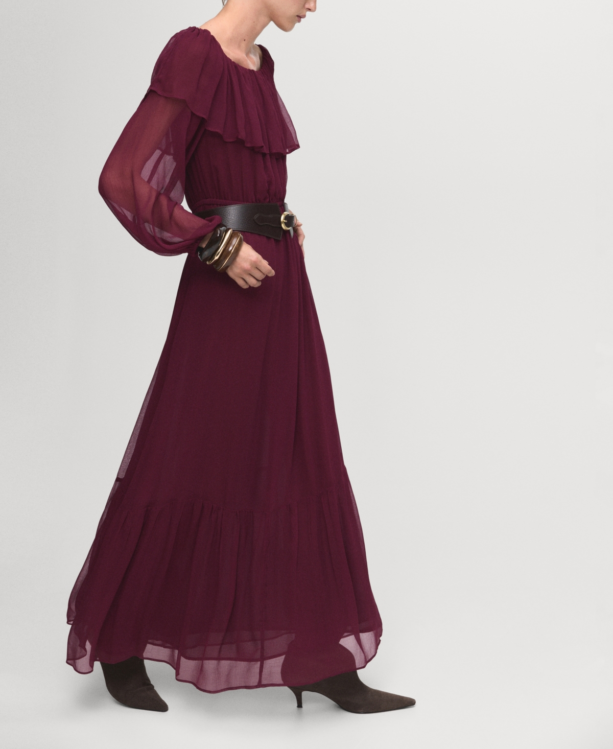 Mango Ruffle Off The Shoulder Long Sleeve Maxi Dress In Burgundy