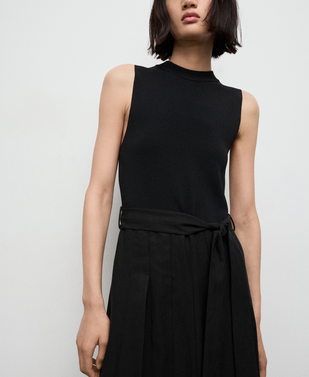 Mango Mixed Media Pleated Midi Dress In Black