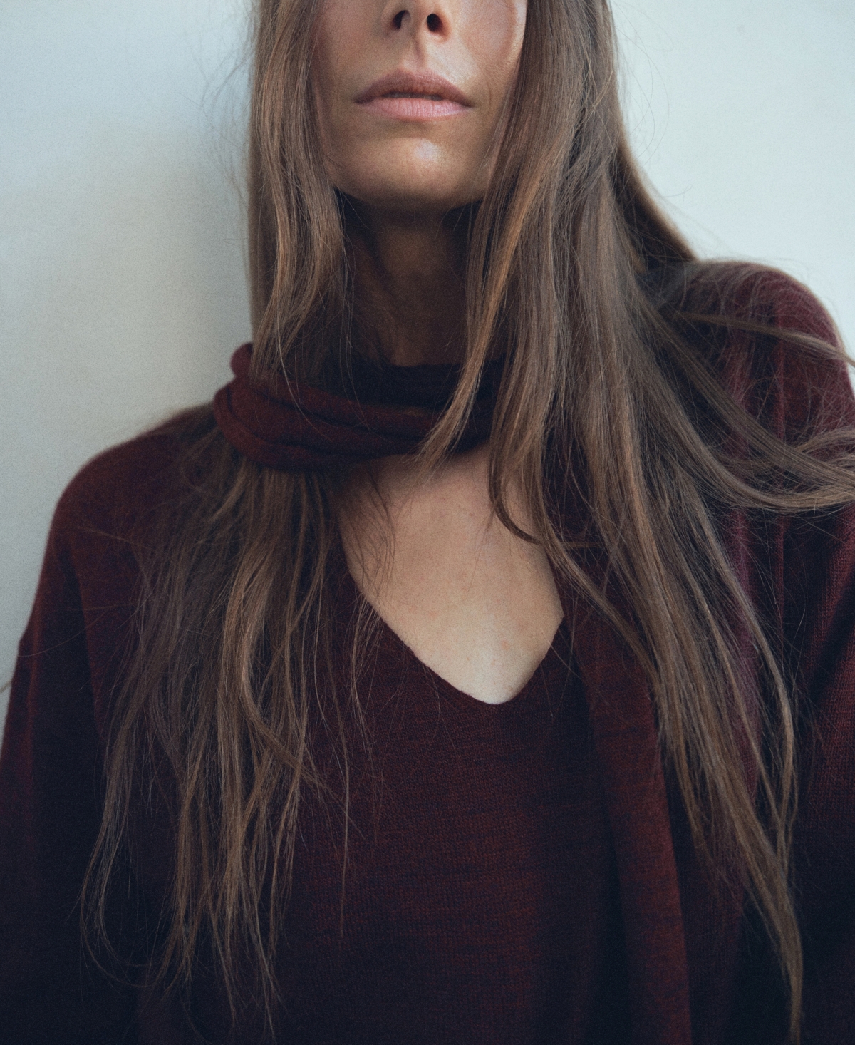 Mango V-neck Sweater With Scarf In Burgundy