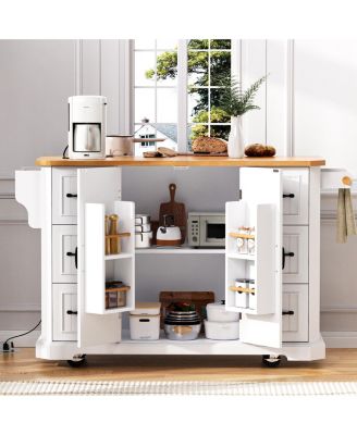 CASAINC 56" Kitchen Island Cart, Drop Leaf, Power Outlet, 4 Shelves, 6 Drawers, Rubber Wood Veneer, Rolling for Dining Room