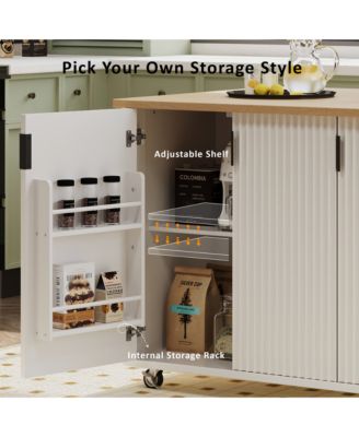 51" Fluted Kitchen Island with Drop Leaf, Rolling Kitchen Cart with Internal Storage Rack and Towel Holder