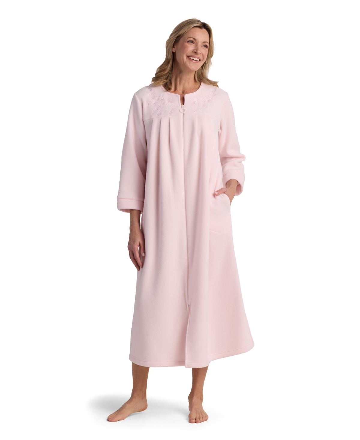 Miss Elaine Women's Long-sleeve Solid Long Zipper Robe In Pink