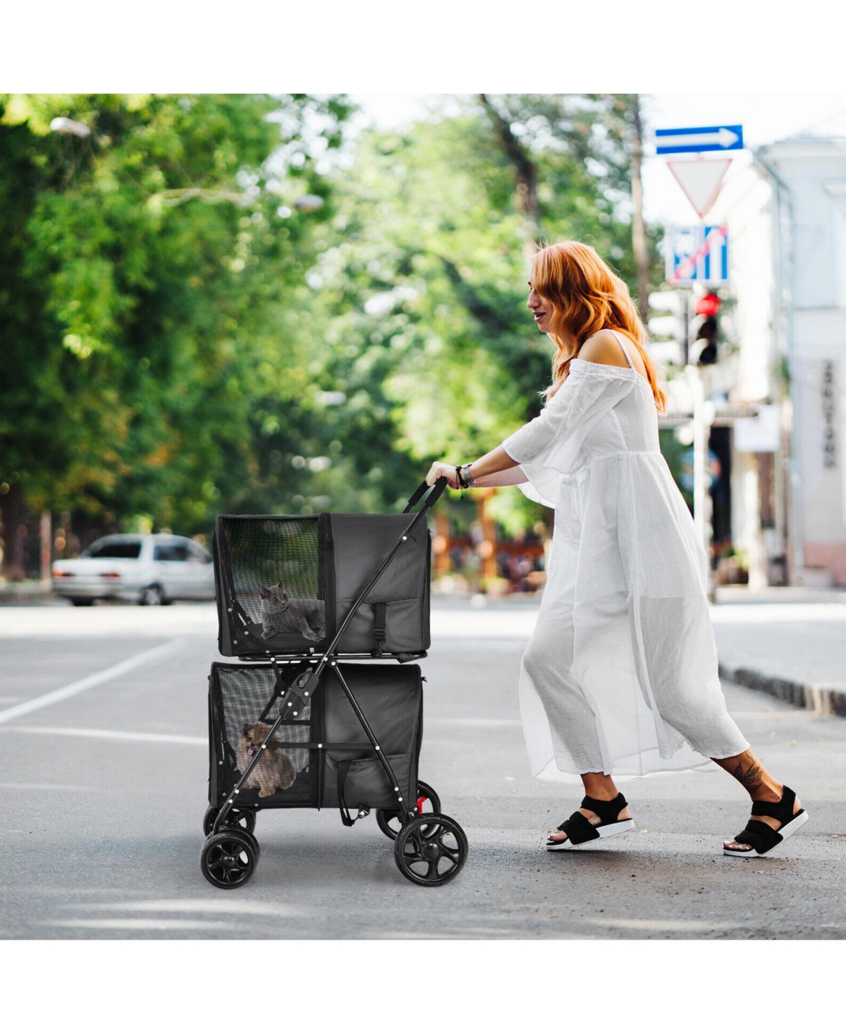 Sugift 4-in-1 Double Pet Stroller with Detachable Carrier and Travel Carriage