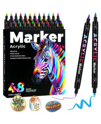 48 Colors Double Tips Acrylic Paint Markers with 24 Dual-Color Brush Tips for Rocks, Eggs, Wood, Rock, Canvas, Plastic