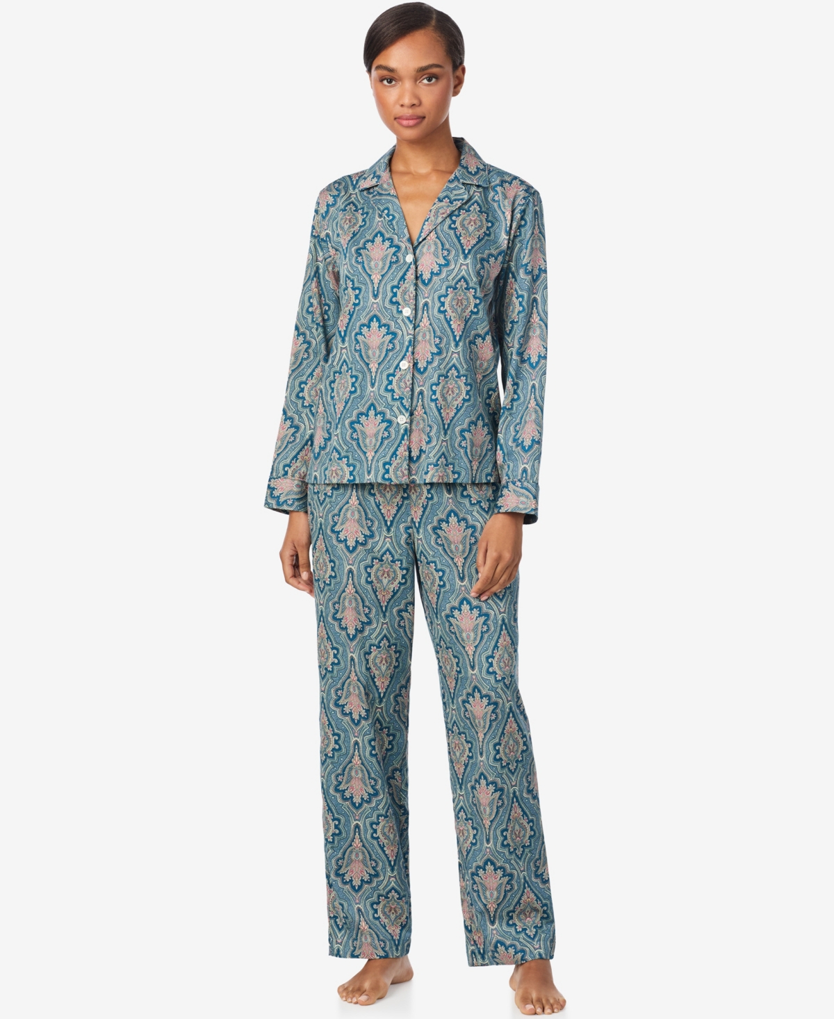 Ralph Lauren Women's Long Sleeve Notch Collar Long Pant Pajama Set In Blue