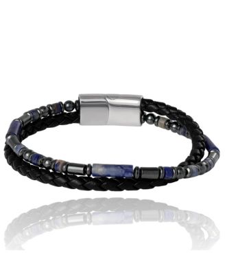 Men s Braided Leather & Sodalite Bead 8.5'' Bracelet, Black/Blue, Magnetic Clasp