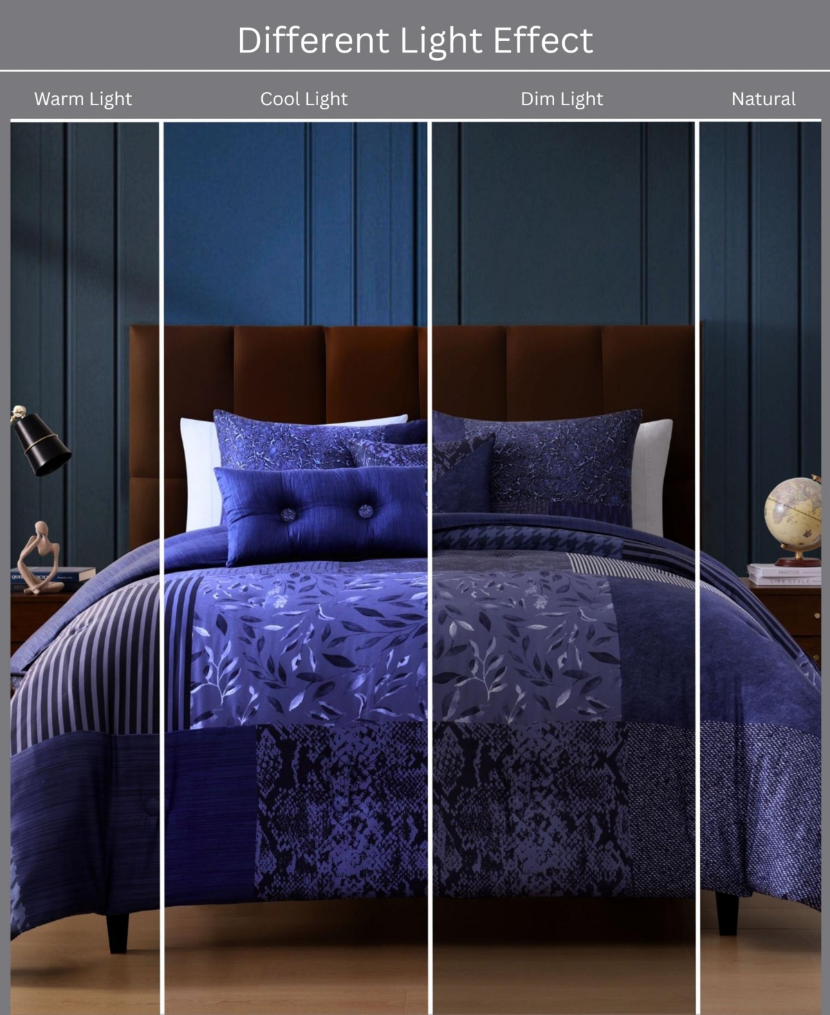 Bebejan Blue Denim Patchwork Latte Bedding 100% Cotton Sateen 5 Piece Queen Size Reversible Comforter Set