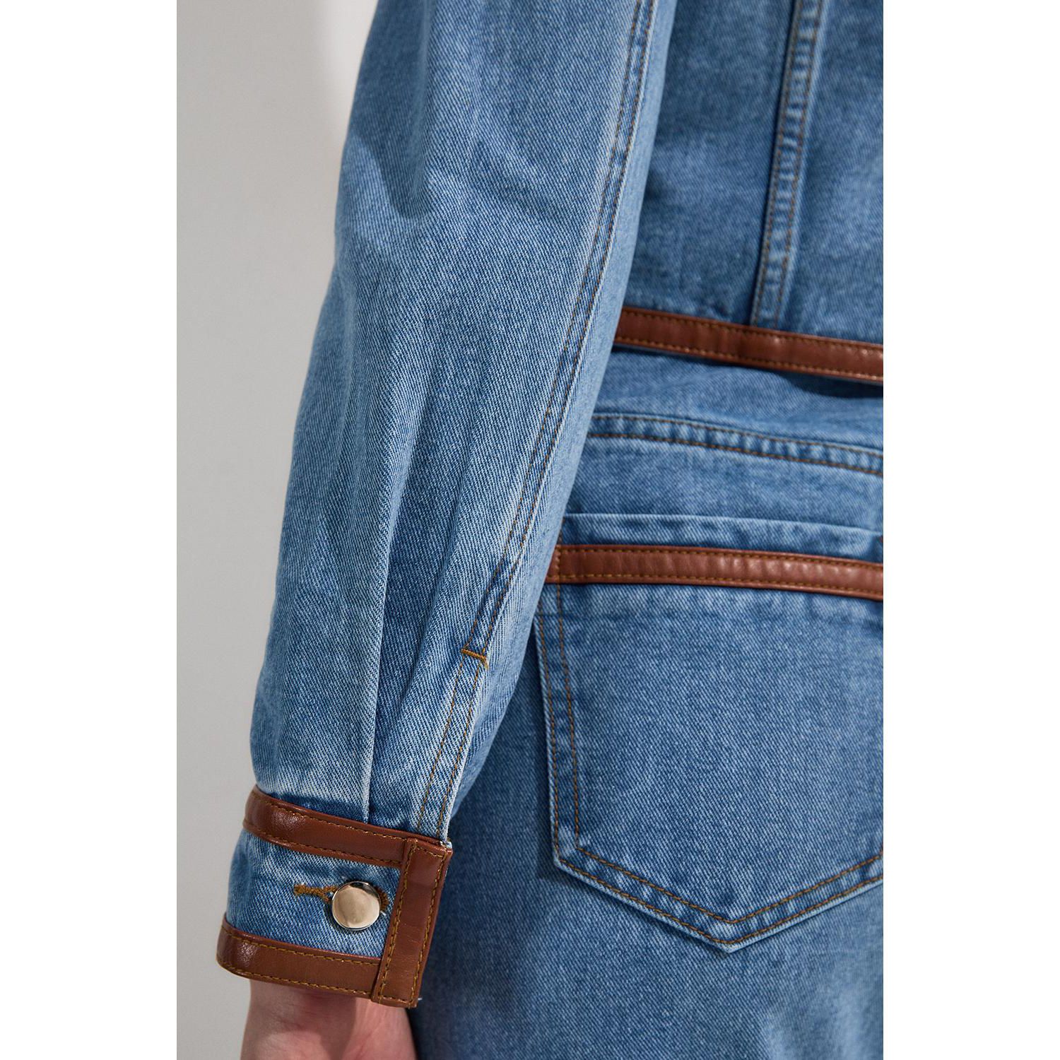 Women's Denim and Leather Collarless Jacket