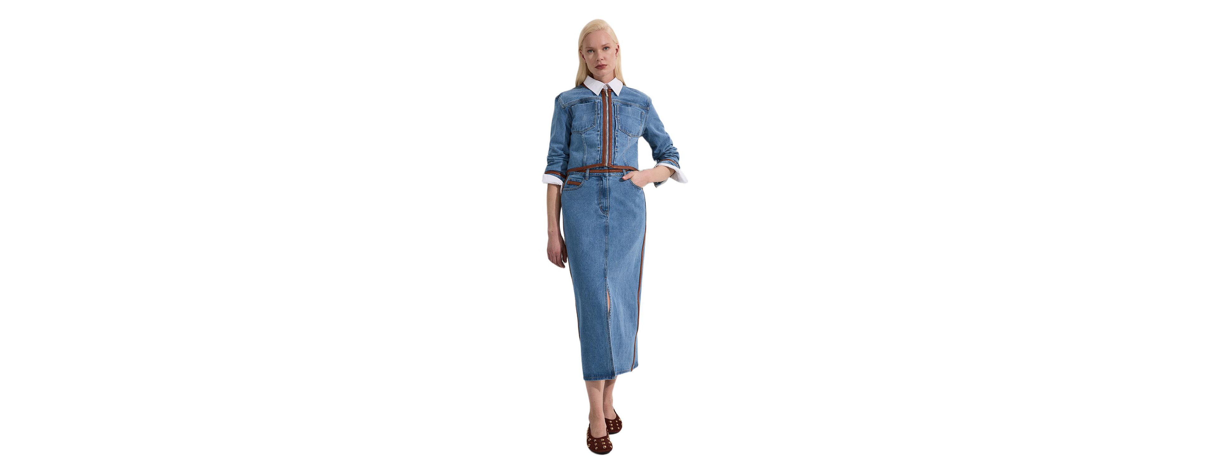 Karen Millen Women's Denim & Leather Collarless Jacket