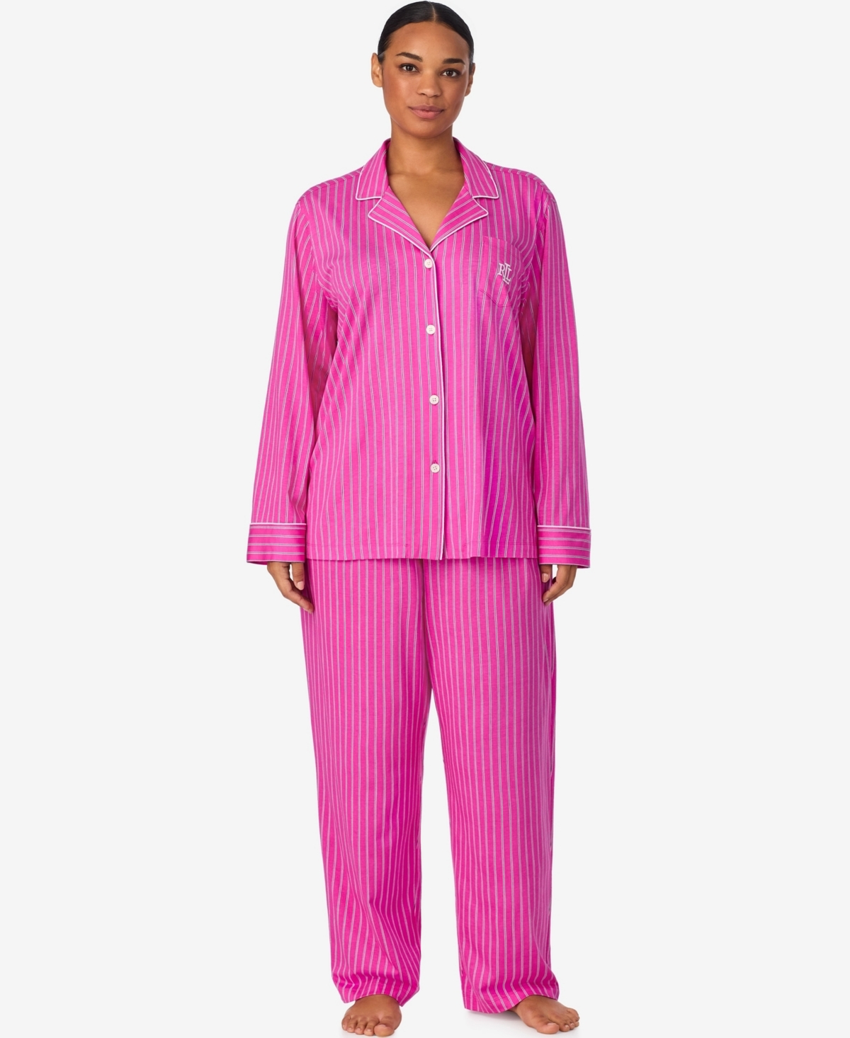Ralph Lauren Plus Size Long Sleeve Notch Collar Long Pant Pajama In Pink