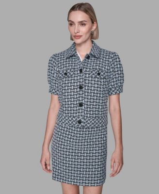 Women's Five-Button Weave Print Cropped Jacket