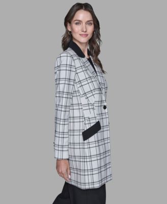 Women's One-Button Checkered Contrast Long Jacket