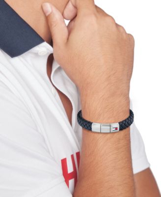 Men's Blue Leather with Stainless Steel Braided Bracelet