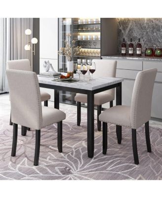 5-Piece Dining Set for 4 with Faux Marble Tabletop and Upholstered Chairs, Elegant Table Set for Kitchen or Dining Room-Maison Boucle