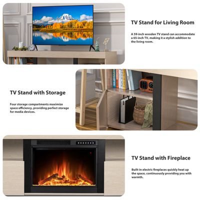 60" Fireplace Tv Stand Mantel Wood Surround Firebox Freestanding Fireplace Heater Infrared Quartz Heater Adjustable Led Flame, Remote Control,L
