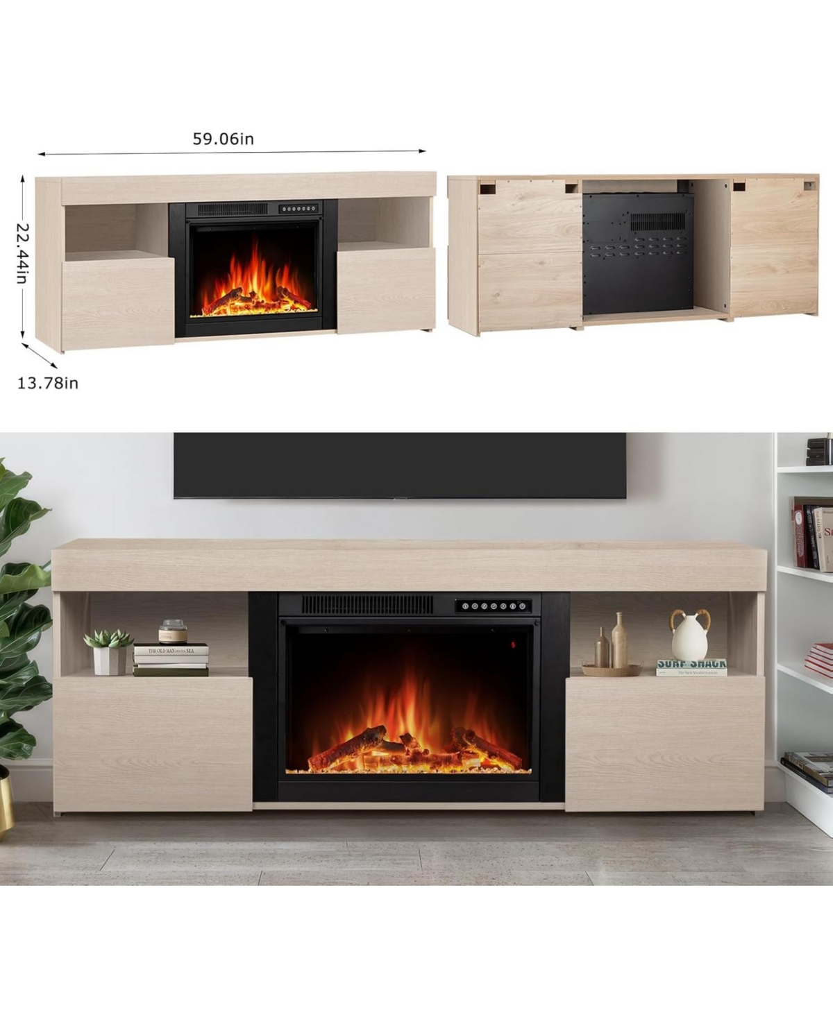 Cowsar 60" Fireplace Tv Stand Mantel Wood Surround Firebox Freestanding Fireplace Heater Infrared Quartz Heater Adjustable Led Flame, Remote Cont