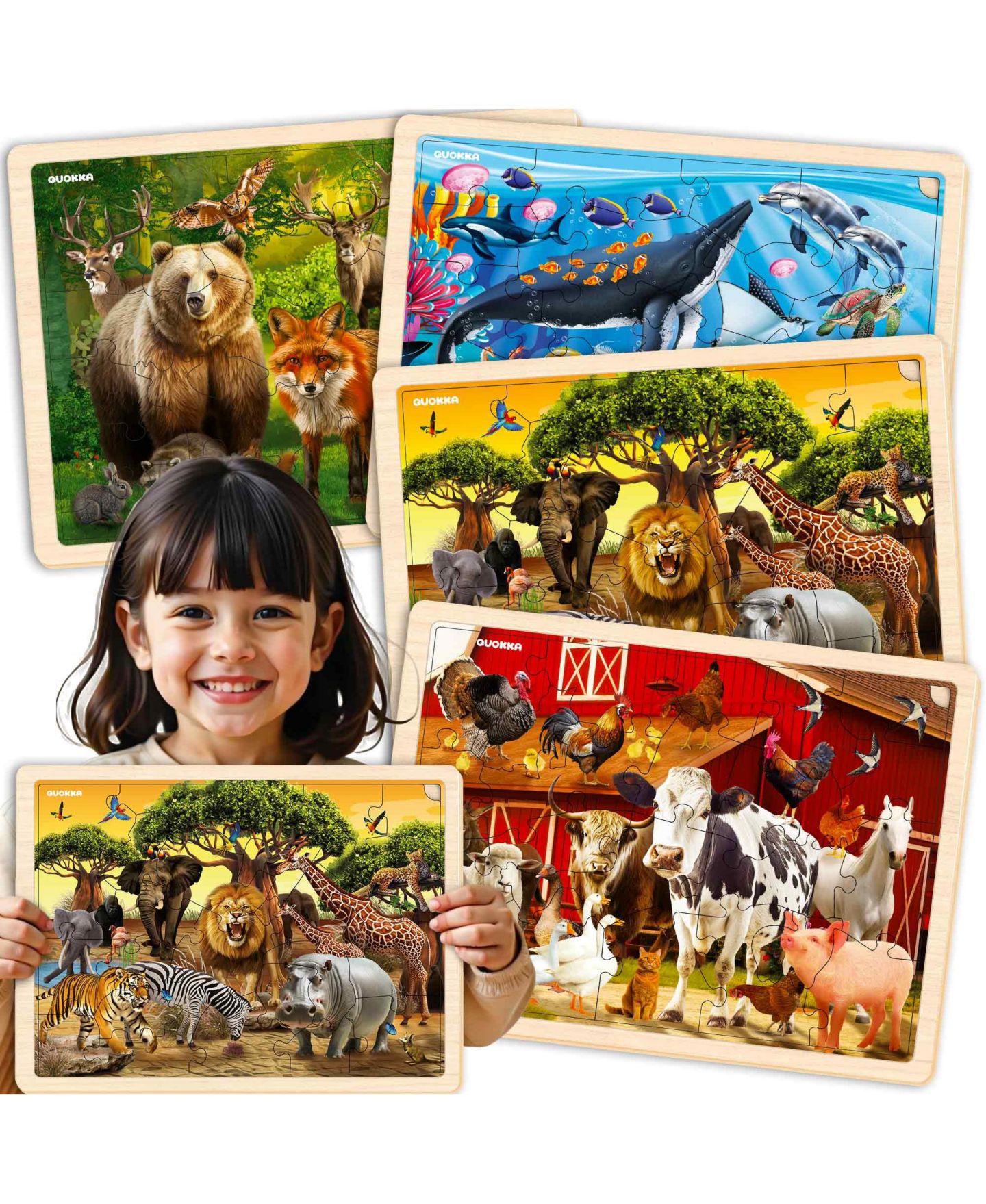Детские игрушки Quokka Montessori Animal-Themed Large-Piece Wooden Jigsaw Puzzles, 4-Puzzle Set, Ages 3-5, цвет: Океанский — фото 1