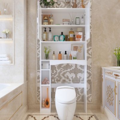 Toilet Storage Bathroom Space Saver with Doors Cabinet, Open Shelves