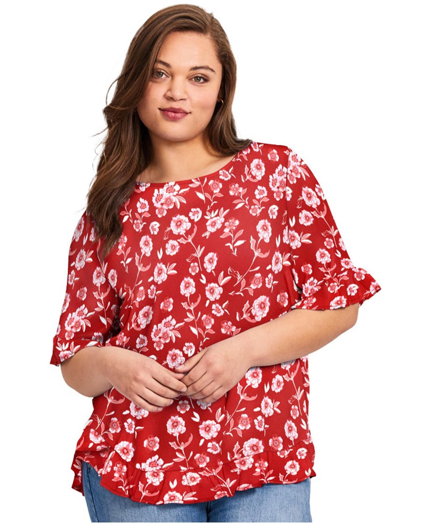 Women's Plus Size Crew Ruffle Hem Top