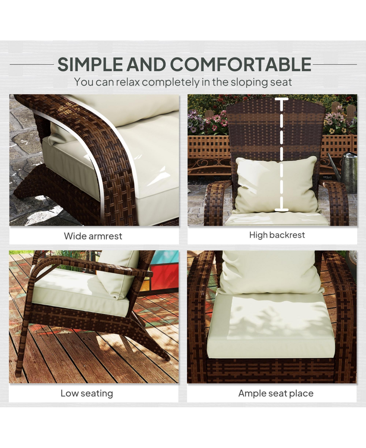 Outsunny Patio Wicker Adirondack Chair, Outdoor All-Weather Rattan Fire Pit Chairs w/ Soft Cushions, Tall Curved Backrest, and Comfortable Armrest for