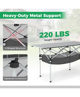 Patio Folding Camping Table with Aluminum Roll-up Tabletop & Mesh Basket