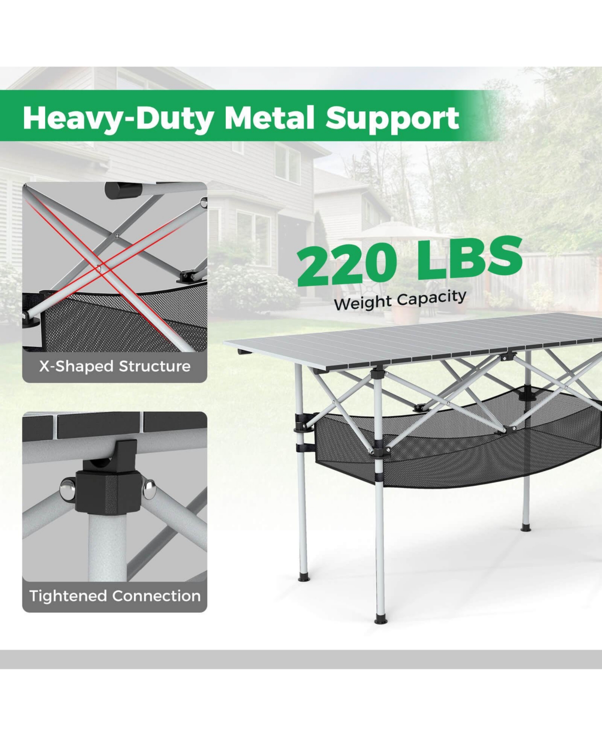 Costway Patio Folding Camping Table with Aluminum Roll-up Tabletop & Mesh Basket