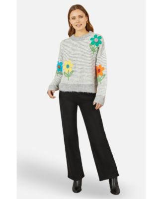 Women's Striped Relaxed Fit Jumper With Flowers