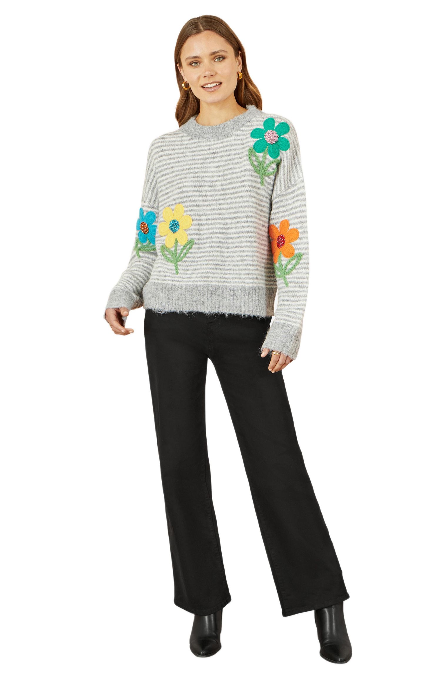 Women's Striped Floral Relaxed Fit Sweater