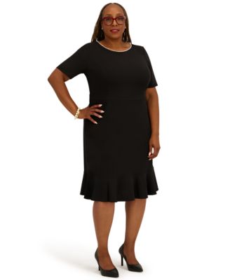 Women's Round Neck Knee Length Ruffle Skirt Dress, Regular and Plus Size