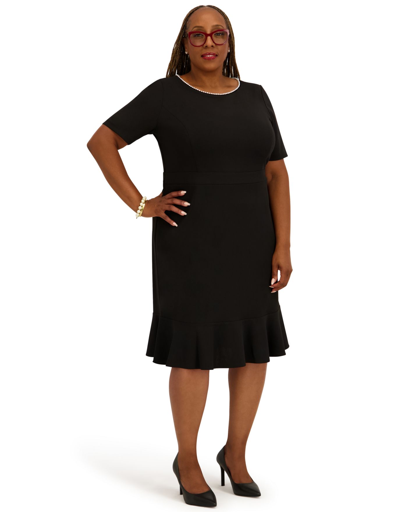Женское платье Kasper Round Neck Knee Length Ruffle Skirt Dress, Regular and Plus Size, цвет: Чёрный — фото 3