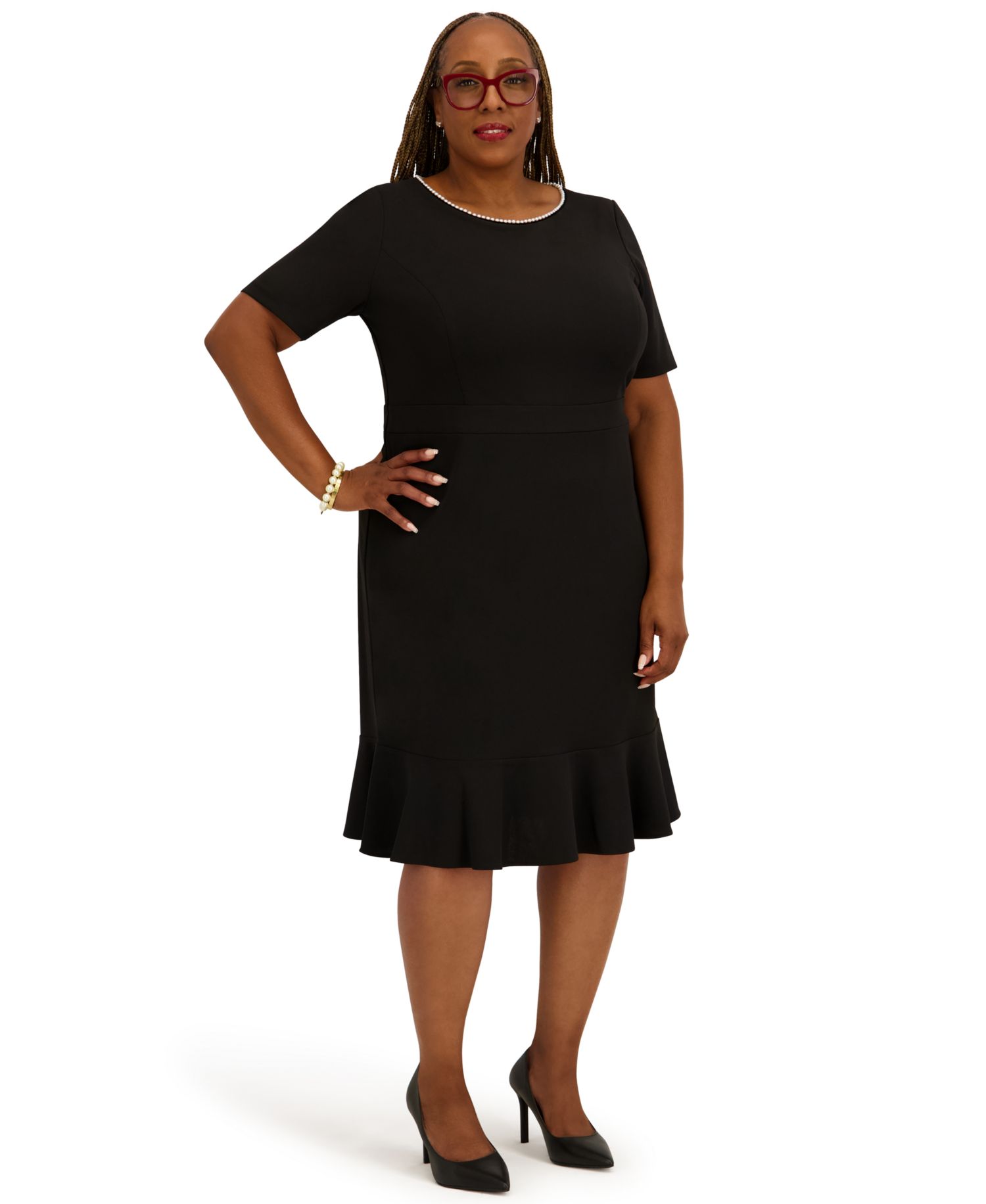 Women's Round Neck Knee Length Ruffle Skirt Dress, Regular and Plus Size