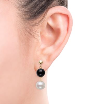 Freshwater Pearl (7.5-8.5mm), Black Onyx and Gold Bead Earrings in 10k Yellow Gold
