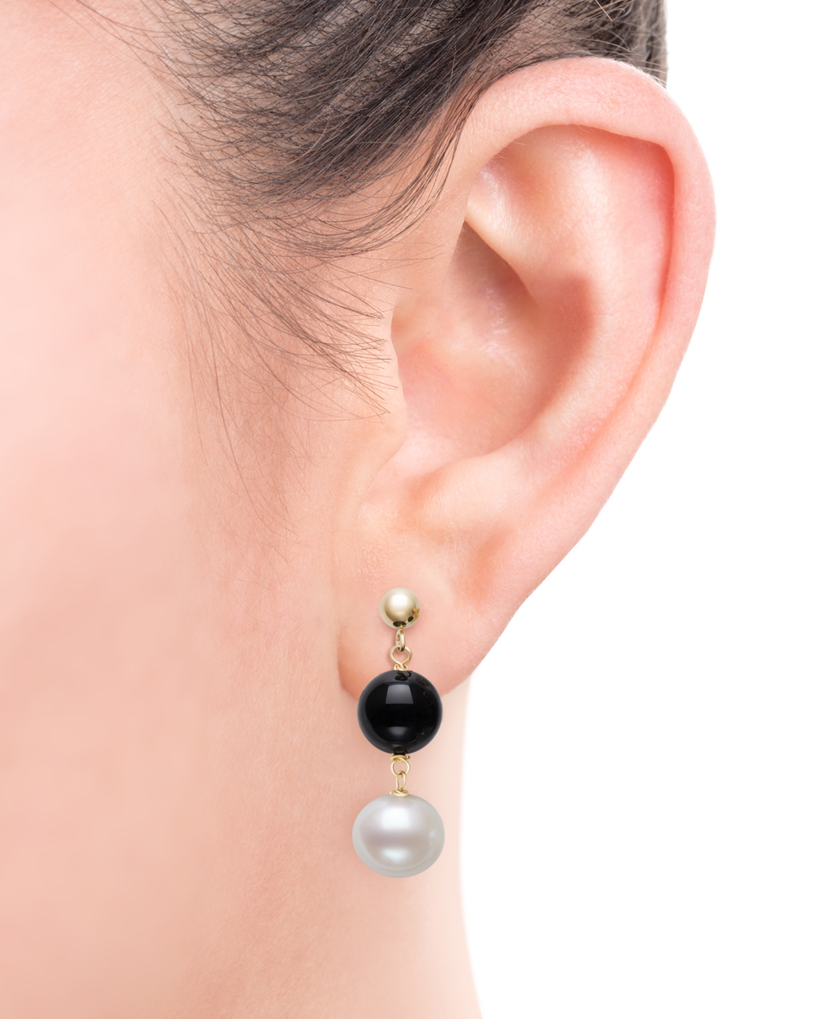 Macy's Freshwater Pearl (7.5-8.5mm), Black Onyx And Gold Bead Earrings In 10k Yellow Gold In Black