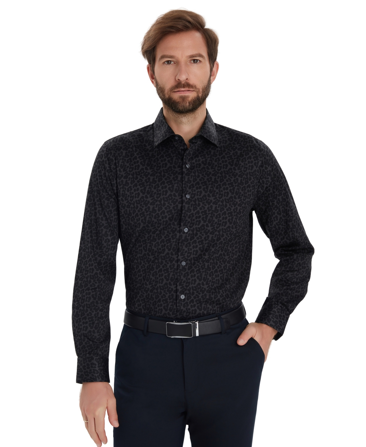 Bar Iii Men's Leopard Printed Long-sleeve Dress Shirt, Macy's Exclusive In Black