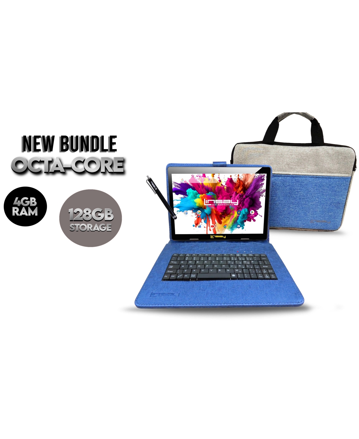 Linsay New 10.1" Tablet Octa Core 128GB Premium Business Bundle with Deluxe Keyboard Case, Briefcase and Pen Stylus Newest Android 14