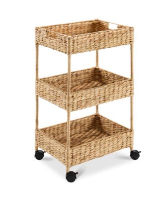 3-Tier Water Hyacinth Rolling Utility Cart w/ Weaved Baskets