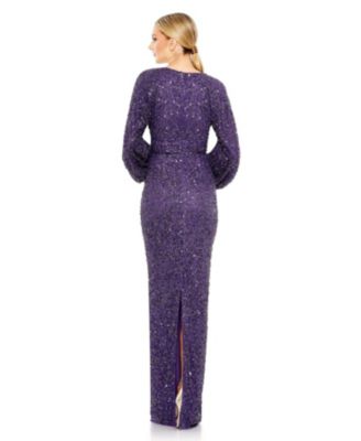 Women's Sequined Puff Sleeve V Neck Gown