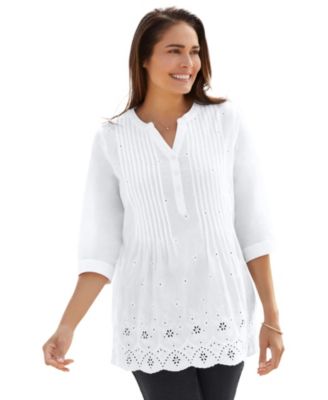 Women's Plus Size Embroidered Pintuck Tunic