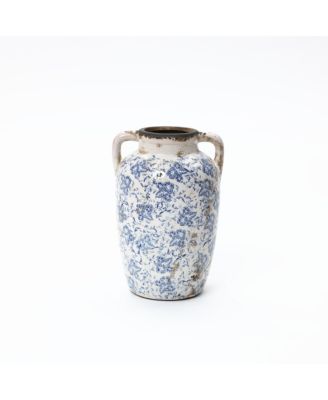 Vintage Blue Floral Vase with Handles, Decorative Ceramic Jar for Farmhouse Decor