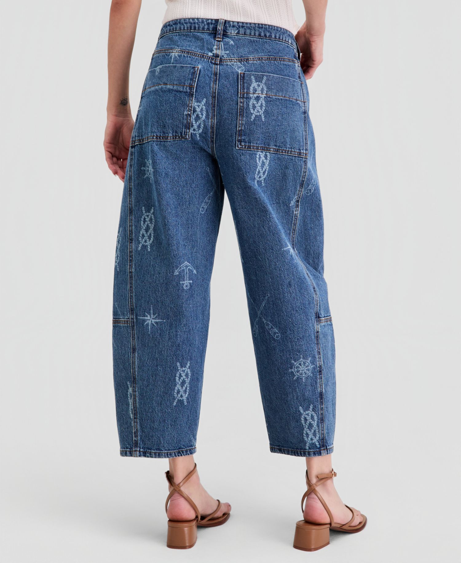 Women's Nautical Print Barrel-Leg Jeans