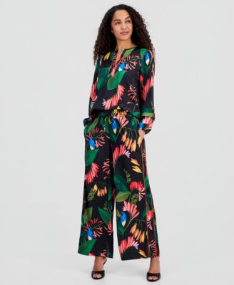 Women's Floral-Print Split-Neck Piping Blouse