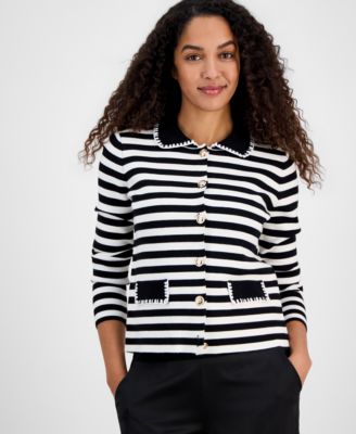 Women's Striped Collared Button Cardigan Sweater