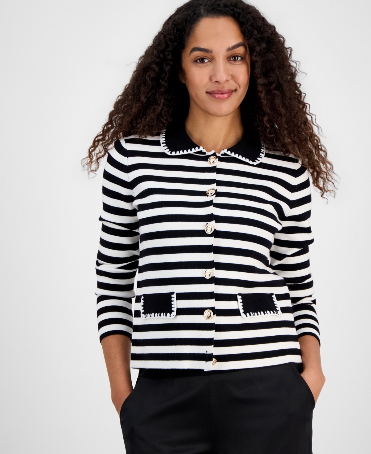 T Tahari Women's Striped Collared Button Cardigan Sweater