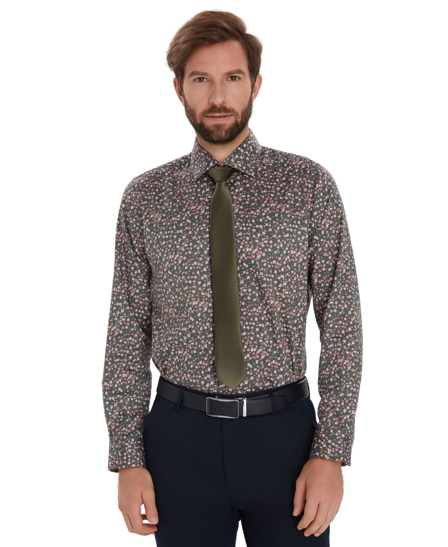 Мужская рубашка Bar III Front Floral Print Dress Shirt, цвет: Тёмно-зелёный — фото 1