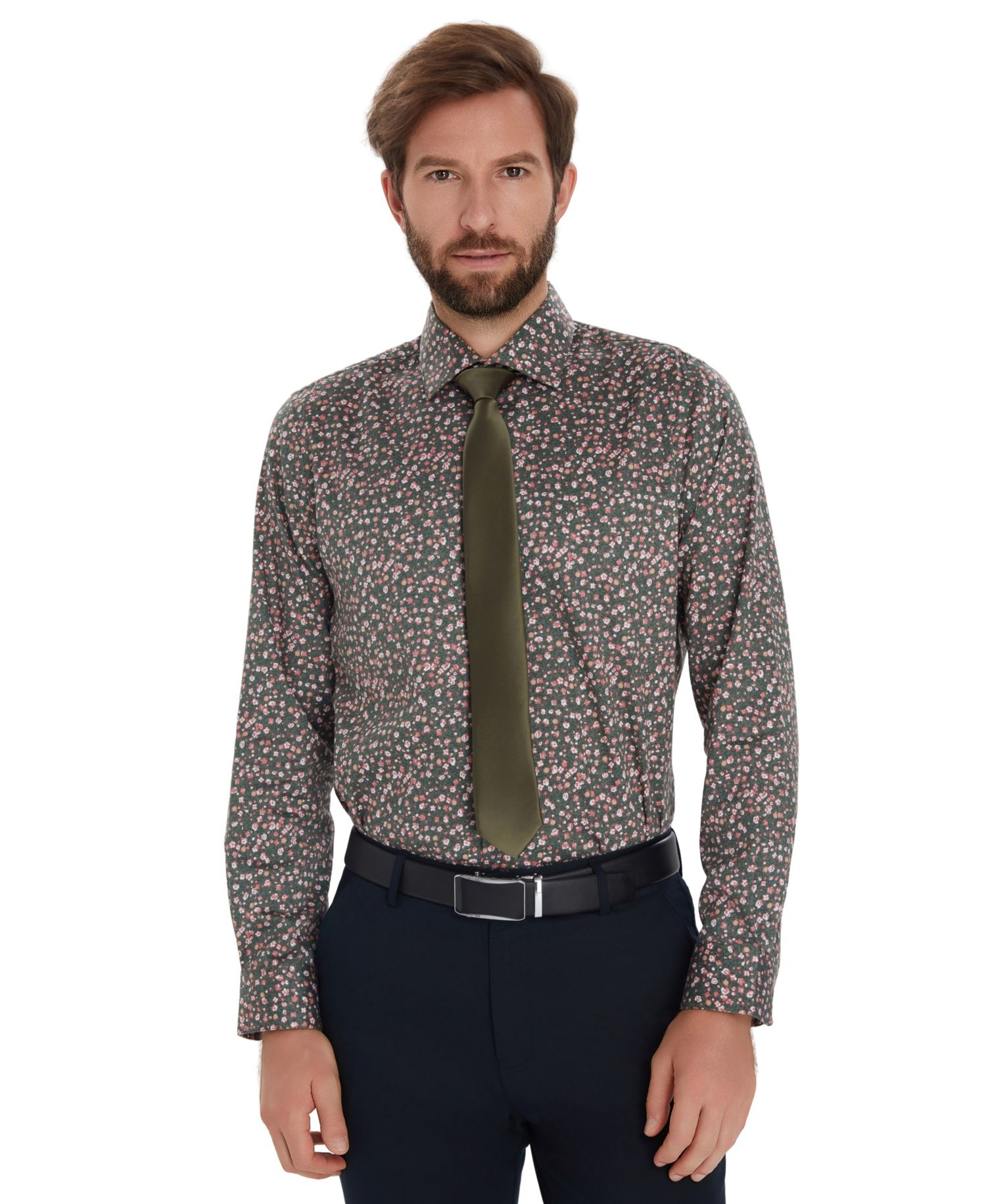 Men's Front Floral Print Dress Shirt