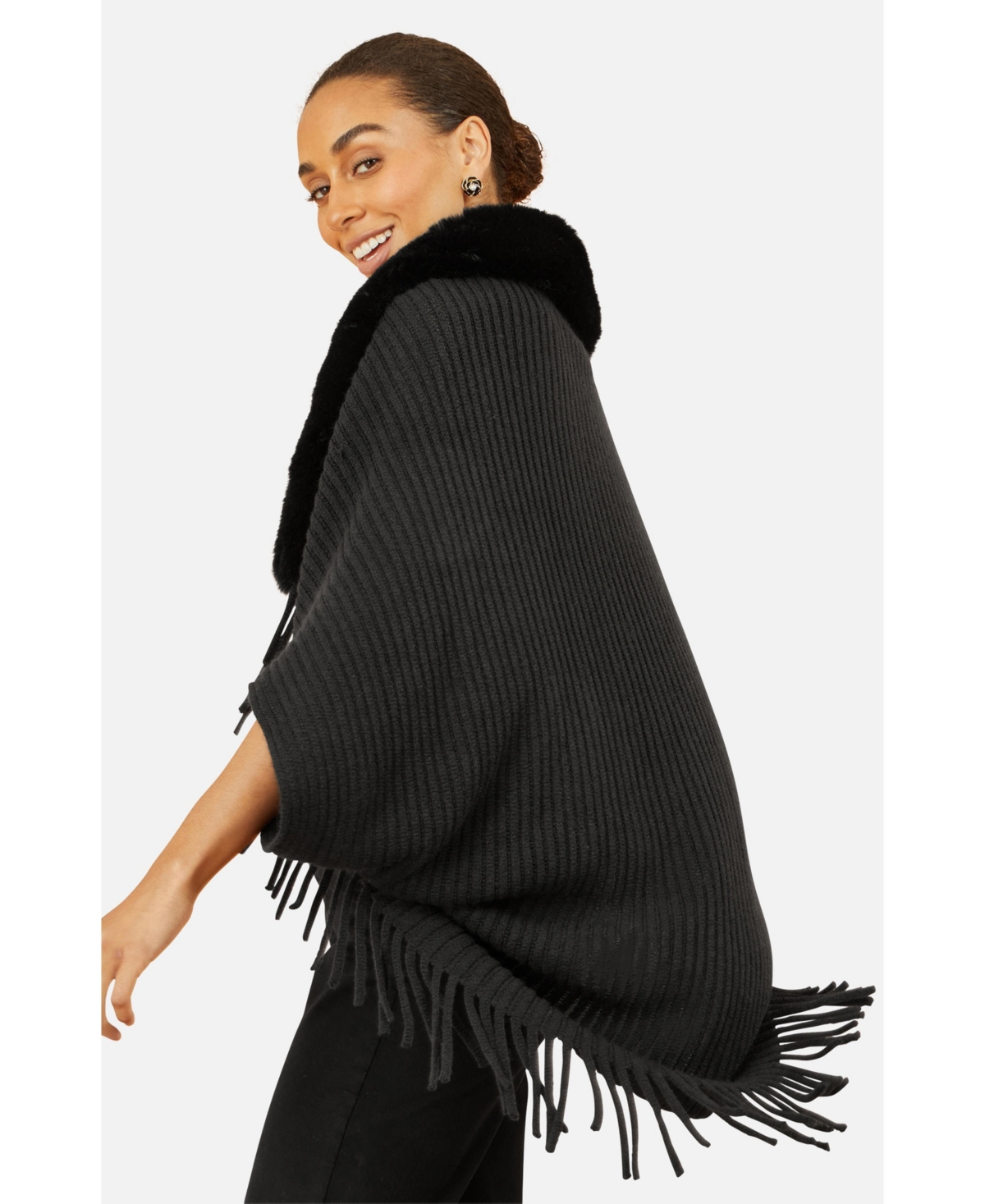 Yumi Women's Fur Collar Shrug With Tassel Hem