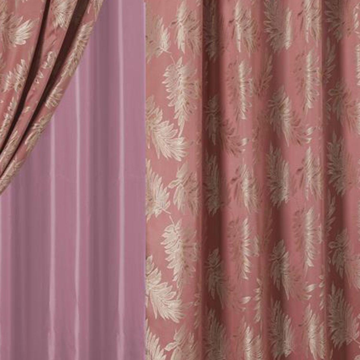 Olivia Gray Palm Floral Textured Jacquard 54 x 84 in. Single Rod Pocket Curtain Panel w/ Attached 18 in. Valance in Rose