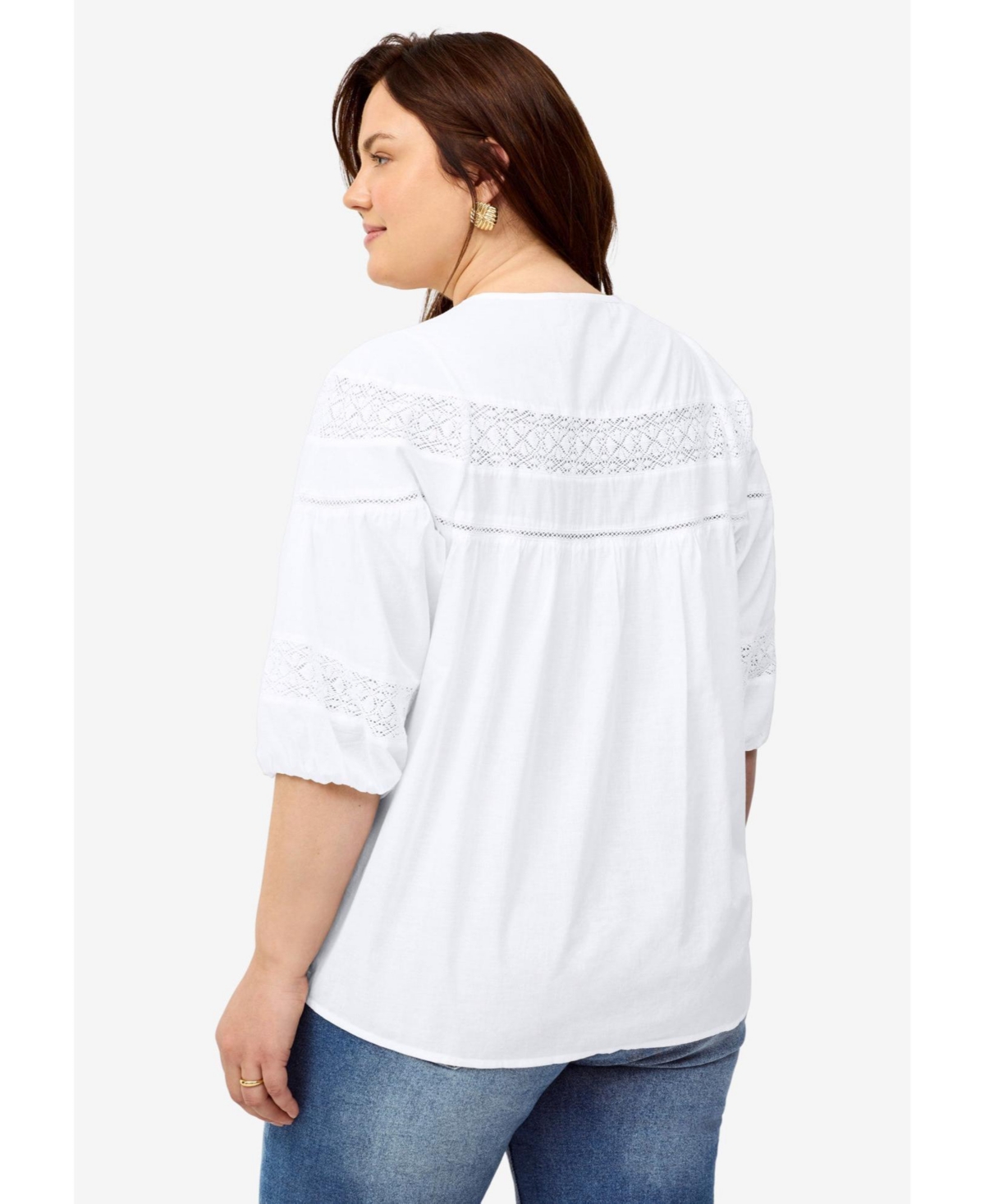 ellos Women's Keyhole Neck Blouse With Crochet Trim